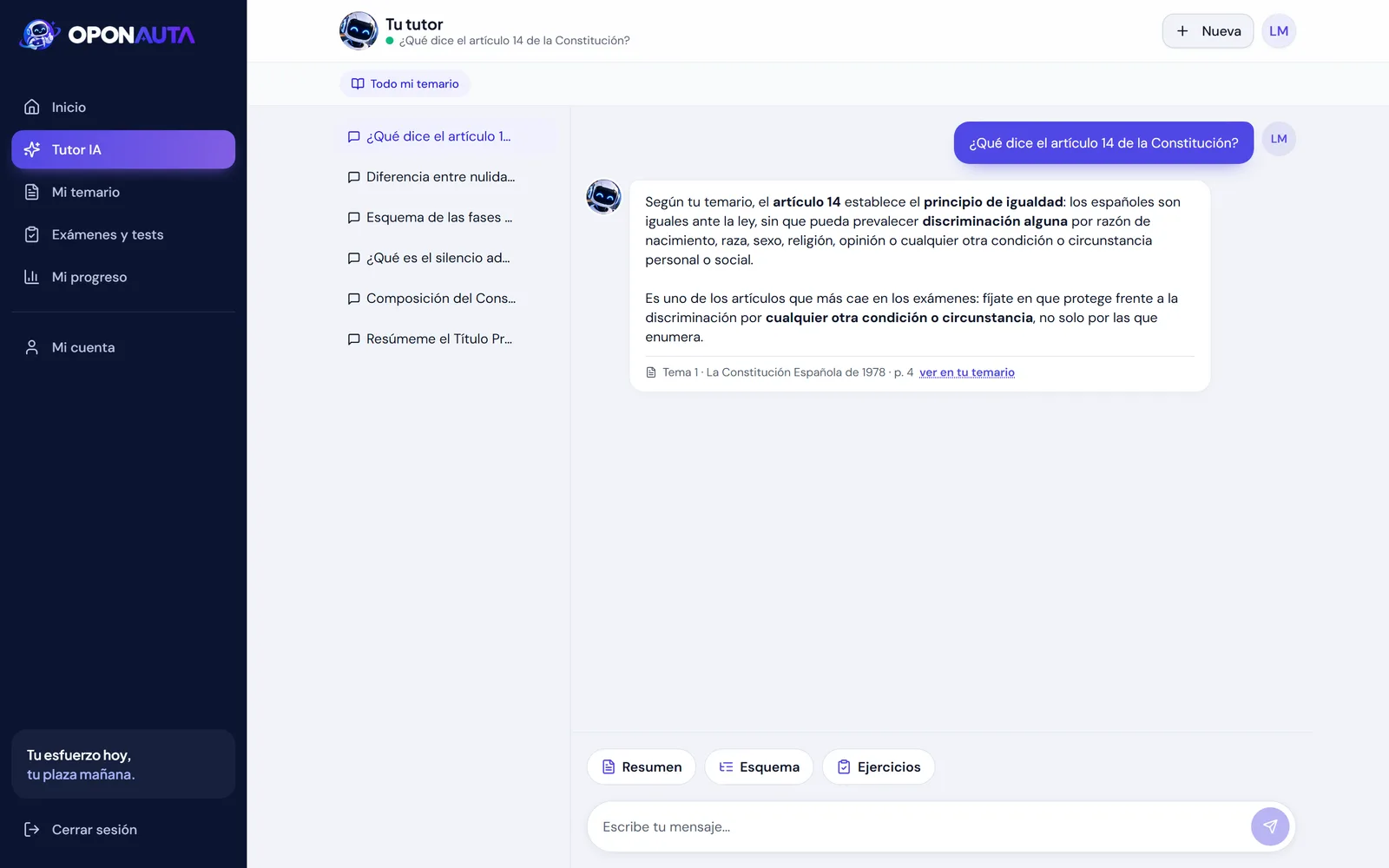 Pantalla del tutor respondiendo sobre el artículo 14 con la cita de la página del temario